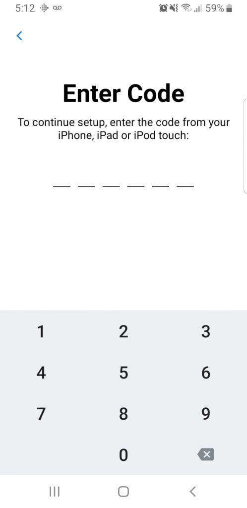 Move to iOS App Screen, Enter Code.